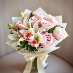 A soft and romantic bouquet featuring a beautiful arrangement of pastel pink roses, elegant white lilies, and delicate blush peonies