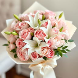 A soft and romantic bouquet featuring a beautiful arrangement of pastel pink roses, elegant white lilies, and delicate blush peonies