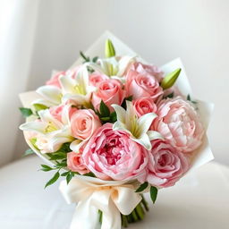 A soft and romantic bouquet featuring a beautiful arrangement of pastel pink roses, elegant white lilies, and delicate blush peonies
