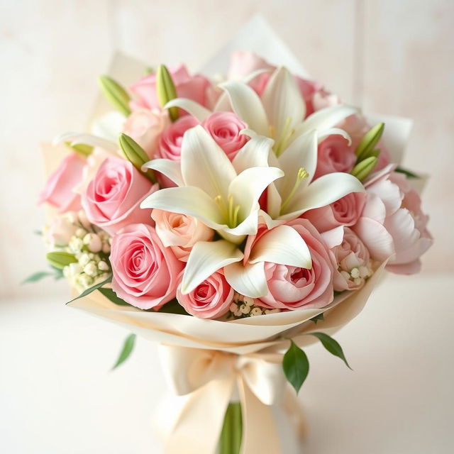 A soft and romantic bouquet featuring a beautiful arrangement of pastel pink roses, elegant white lilies, and delicate blush peonies