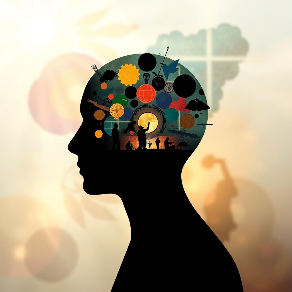A visual representation of the phenomenological concept, depicting a silhouette of a human head filled with various elements symbolizing consciousness, perception, and experience