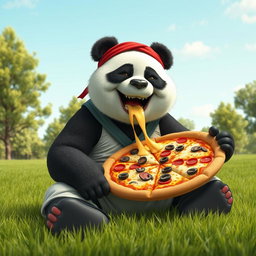A humorous scene of a large, friendly panda dressed in martial arts gear, sitting comfortably on a grassy field