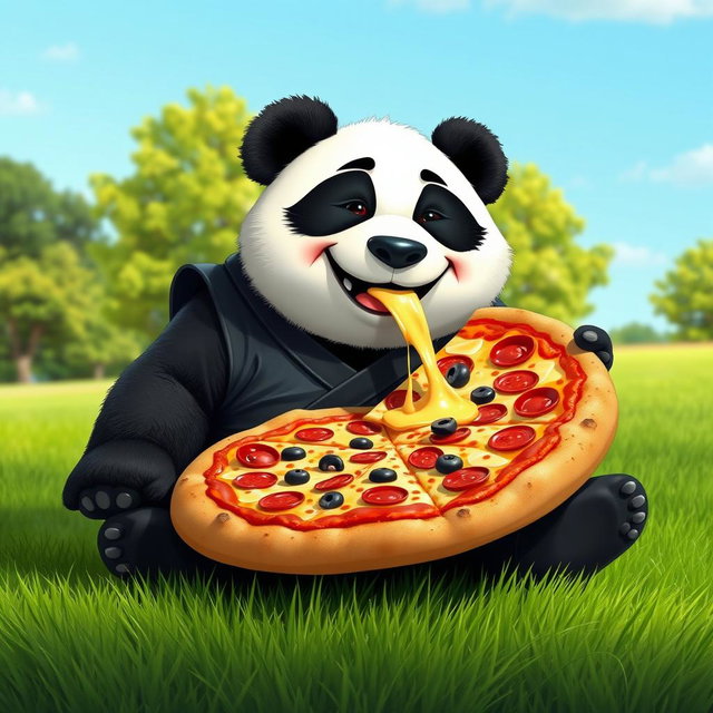 A humorous scene of a large, friendly panda dressed in martial arts gear, sitting comfortably on a grassy field