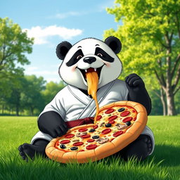 A humorous scene of a large, friendly panda dressed in martial arts gear, sitting comfortably on a grassy field