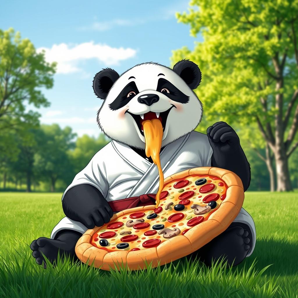 A humorous scene of a large, friendly panda dressed in martial arts gear, sitting comfortably on a grassy field
