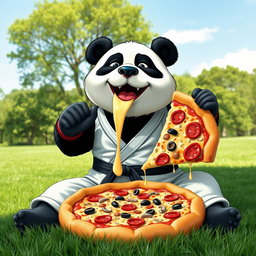 A humorous scene of a large, friendly panda dressed in martial arts gear, sitting comfortably on a grassy field