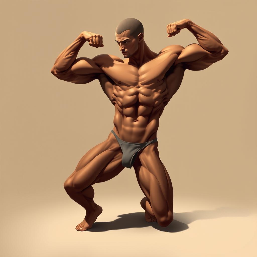 A stylized artistic depiction of a muscular male form in a dynamic pose, emphasizing strength and confidence