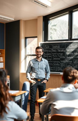 A cozy classroom setting featuring an engaging male lecturer in his thirties, standing in front of a blackboard filled with educational content
