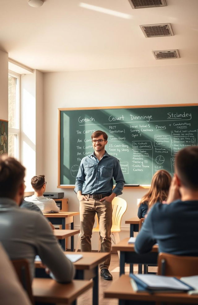 A cozy classroom setting featuring an engaging male lecturer in his thirties, standing in front of a blackboard filled with educational content