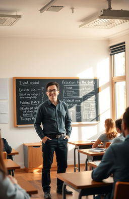 A cozy classroom setting featuring an engaging male lecturer in his thirties, standing in front of a blackboard filled with educational content