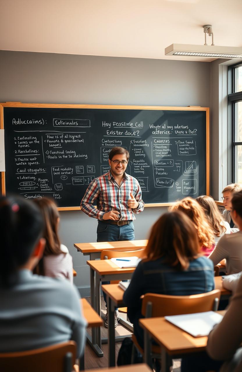 A cozy classroom setting featuring an engaging male lecturer in his thirties, standing in front of a blackboard filled with educational content