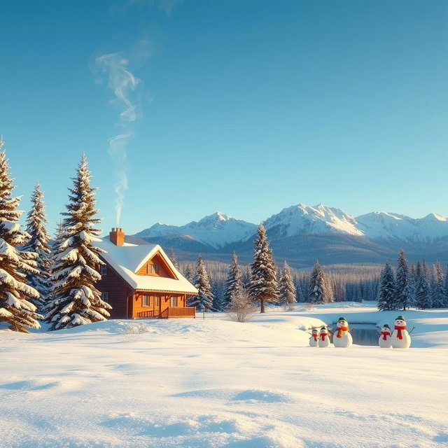A serene winter landscape featuring a cozy cottage nestled among snow-covered pine trees, smoke curling from the chimney into a pale blue sky