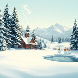 A serene winter landscape featuring a cozy cottage nestled among snow-covered pine trees, smoke curling from the chimney into a pale blue sky