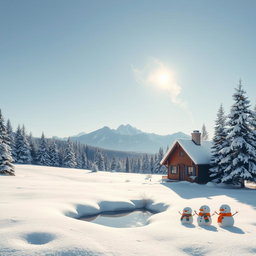 A serene winter landscape featuring a cozy cottage nestled among snow-covered pine trees, smoke curling from the chimney into a pale blue sky