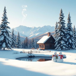 A serene winter landscape featuring a cozy cottage nestled among snow-covered pine trees, smoke curling from the chimney into a pale blue sky
