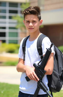A high school student confidently holding an M4 Carbine, standing in an outdoor school environment