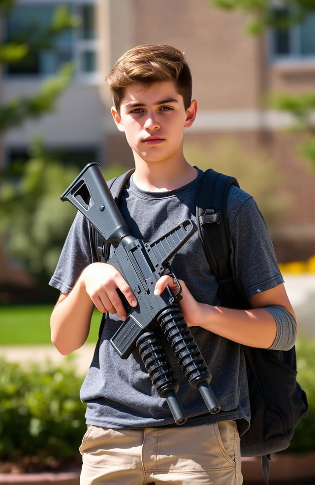 A high school student confidently holding an M4 Carbine, standing in an outdoor school environment