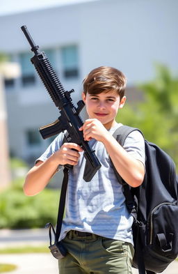 A high school student confidently holding an M4 Carbine, standing in an outdoor school environment
