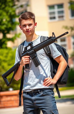 A high school student confidently holding an M4 Carbine, standing in an outdoor school environment