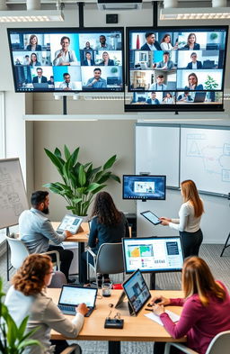 A modern office environment showcasing various communication technologies in corporate settings