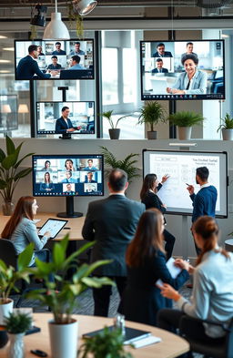 A modern office environment showcasing various communication technologies in corporate settings