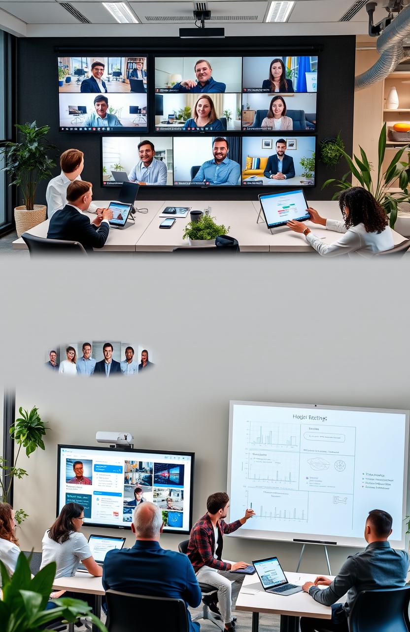 A modern office environment showcasing various communication technologies in corporate settings