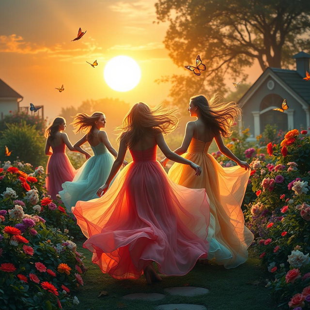 A serene and ethereal landscape featuring a whimsical garden with vibrant flowers and lush greenery