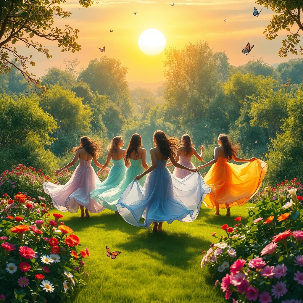 A serene and ethereal landscape featuring a whimsical garden with vibrant flowers and lush greenery