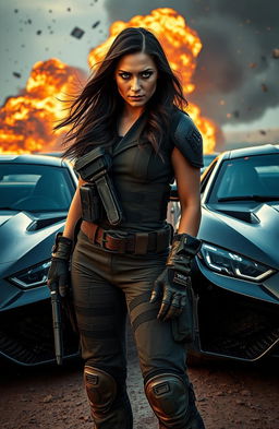 An action-packed scene from a thrilling narrative titled 'Shattered Horizons', featuring a strong, determined woman reminiscent of a former military operative, dressed in tactical gear