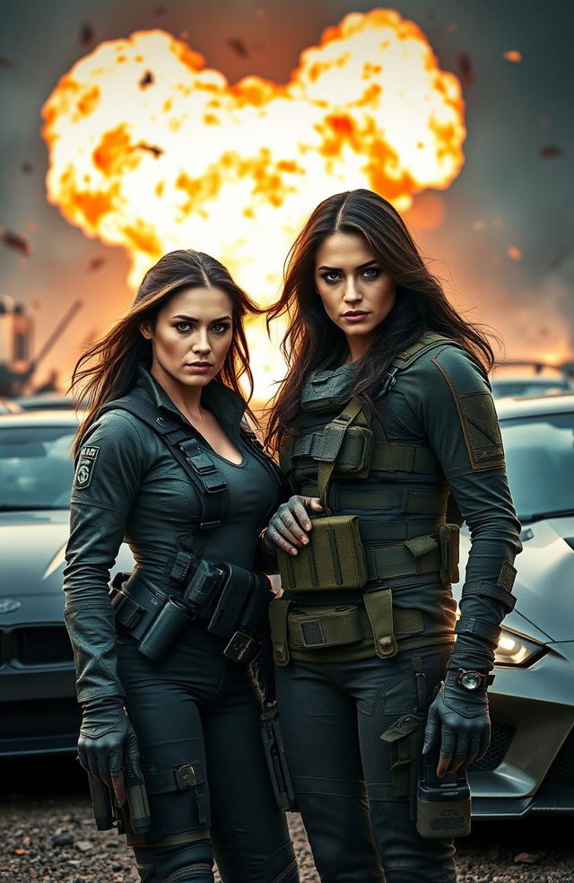 An action-packed scene from a thrilling narrative titled 'Shattered Horizons', featuring a strong, determined woman reminiscent of a former military operative, dressed in tactical gear