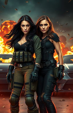 An action-packed scene from a thrilling narrative titled 'Shattered Horizons', featuring a strong, determined woman reminiscent of a former military operative, dressed in tactical gear