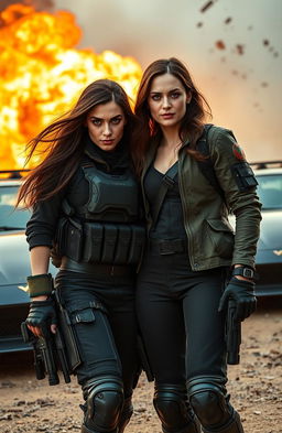 An action-packed scene from a thrilling narrative titled 'Shattered Horizons', featuring a strong, determined woman reminiscent of a former military operative, dressed in tactical gear