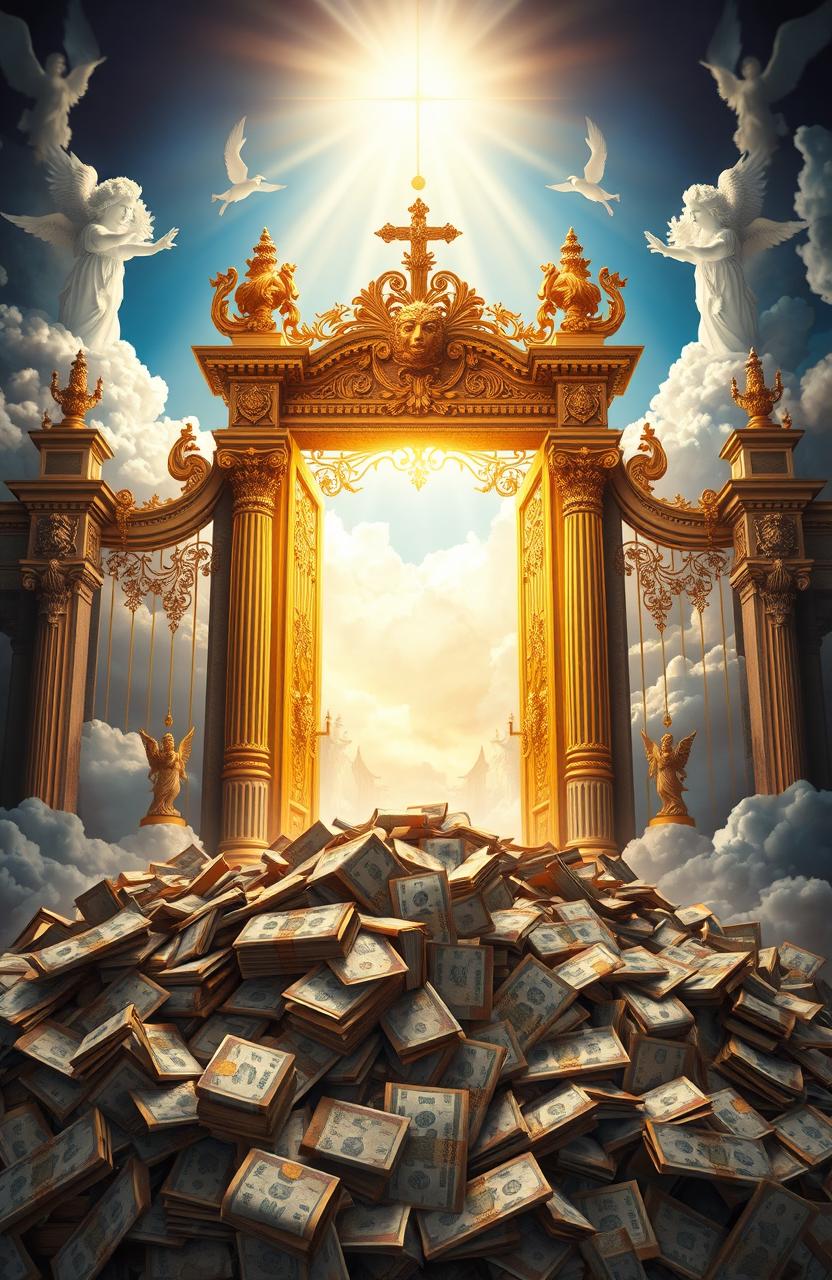 A captivating and thought-provoking cover design illustrating the concept of money and the Kingdom of Heaven