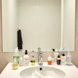A large mirror above a sink in a bathroom, reflecting the scene around it