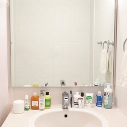 A large mirror above a sink in a bathroom, reflecting the scene around it
