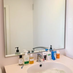 A large mirror above a sink in a bathroom, reflecting the scene around it