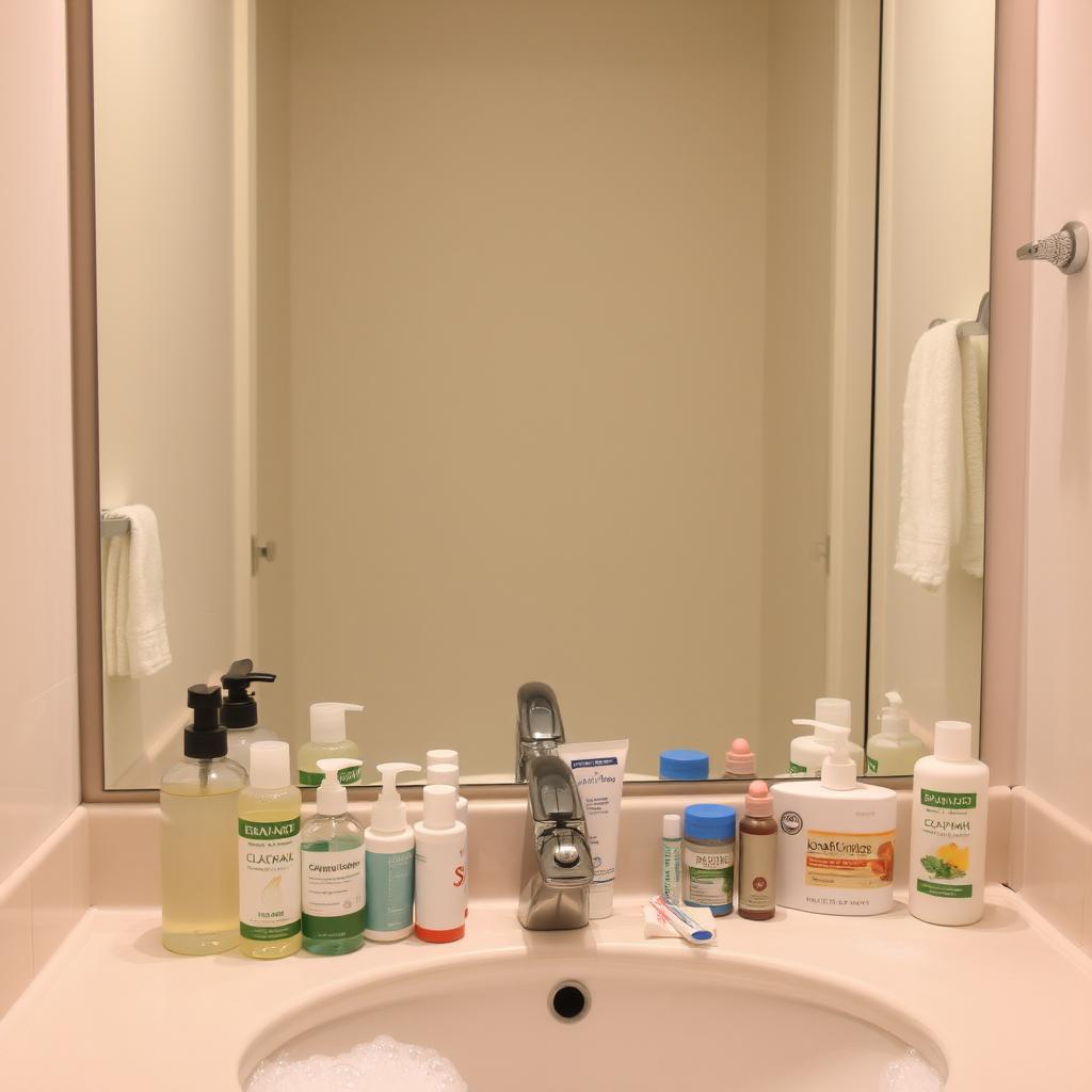 A large mirror above a sink in a bathroom, reflecting the scene around it
