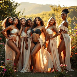 A striking image of a group of confident, elegantly posed women in a serene outdoor setting, embracing their natural beauty under soft, golden sunlight