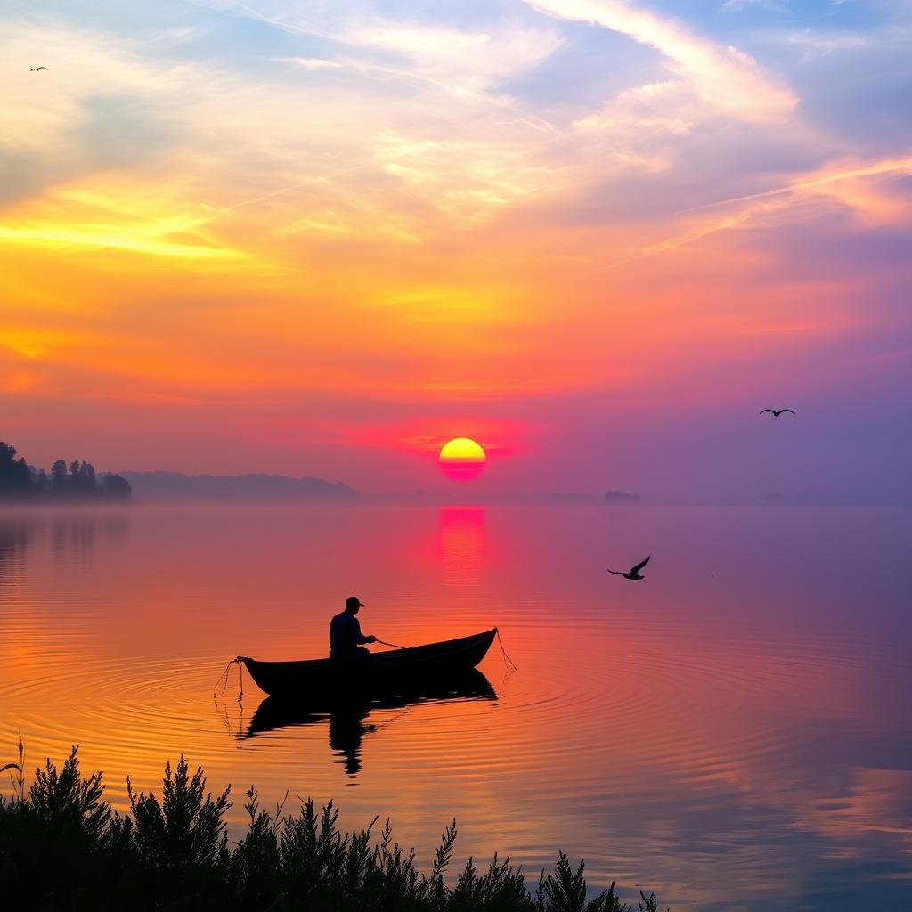 A captivating sunset over a serene lake, reflecting vibrant oranges, purples, and pinks across the water's surface