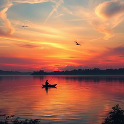 A captivating sunset over a serene lake, reflecting vibrant oranges, purples, and pinks across the water's surface