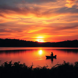 A captivating sunset over a serene lake, reflecting vibrant oranges, purples, and pinks across the water's surface