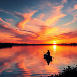 A captivating sunset over a serene lake, reflecting vibrant oranges, purples, and pinks across the water's surface