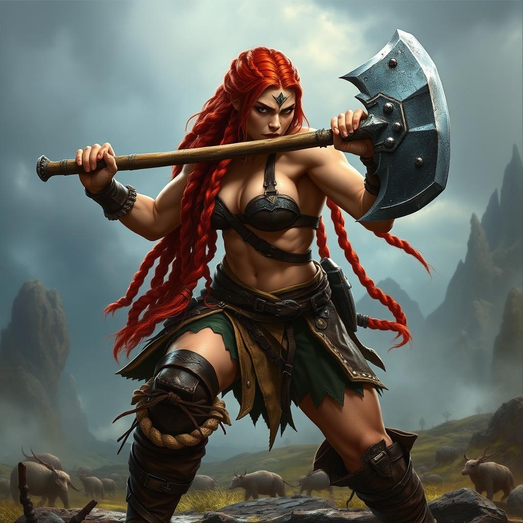 A fierce fantasy dwarf woman in an epic battle pose, wielding a large axe with determination