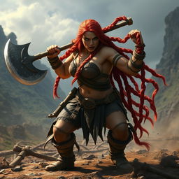 A fierce fantasy dwarf woman in an epic battle pose, wielding a large axe with determination