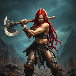 A fierce fantasy dwarf woman in an epic battle pose, wielding a large axe with determination