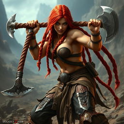 A fierce fantasy dwarf woman in an epic battle pose, wielding a large axe with determination