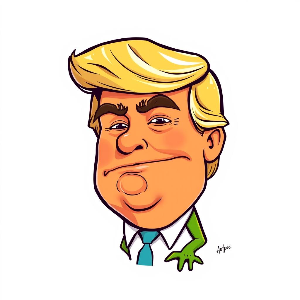A cartoon illustration featuring a unique character that is a blend of Donald Trump and the Pepe meme