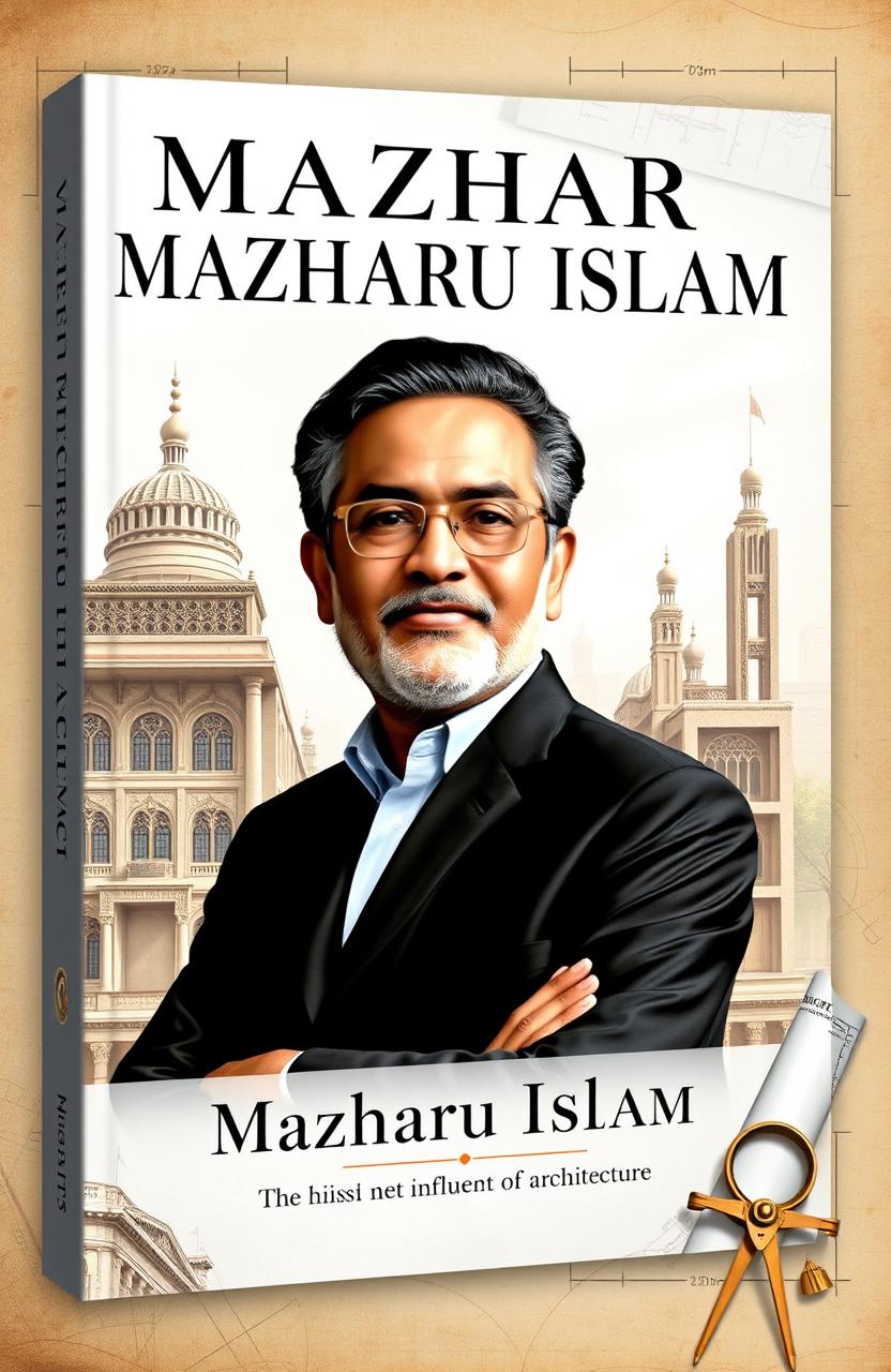 A striking architectural book cover featuring a realistic portrait of architect Mazharul Islam, showcasing his influence in the field of architecture