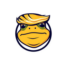 A logo design featuring the meme character Pepe the Frog, uniquely styled with Donald Trump's distinctive hairstyle