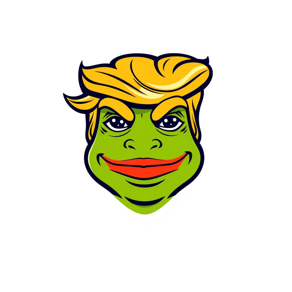 A logo design featuring the meme character Pepe the Frog, uniquely styled with Donald Trump's distinctive hairstyle